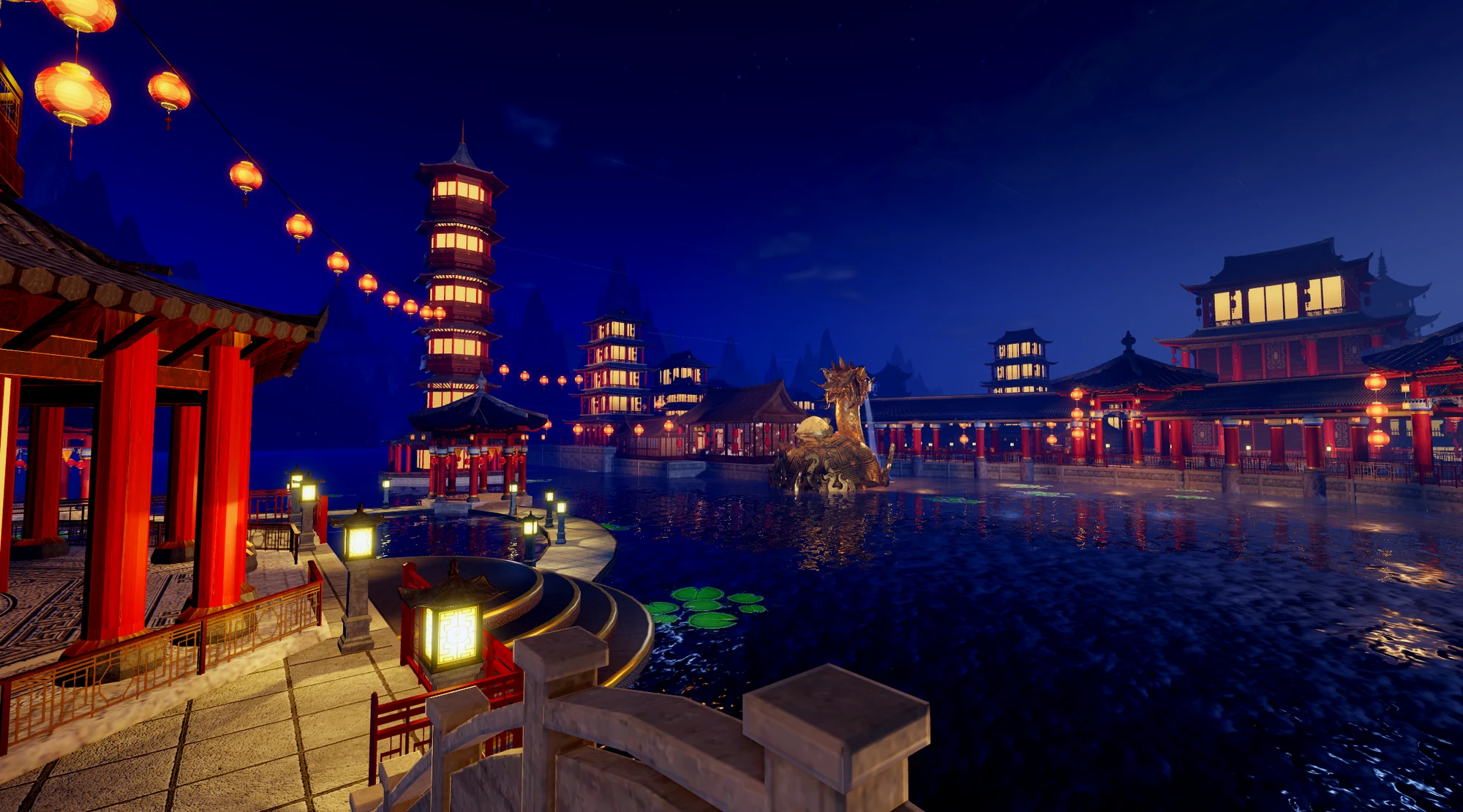 Tian Hong Yuan by DinoStudios: lantern-lit pagodas and a golden dragon beside the water
